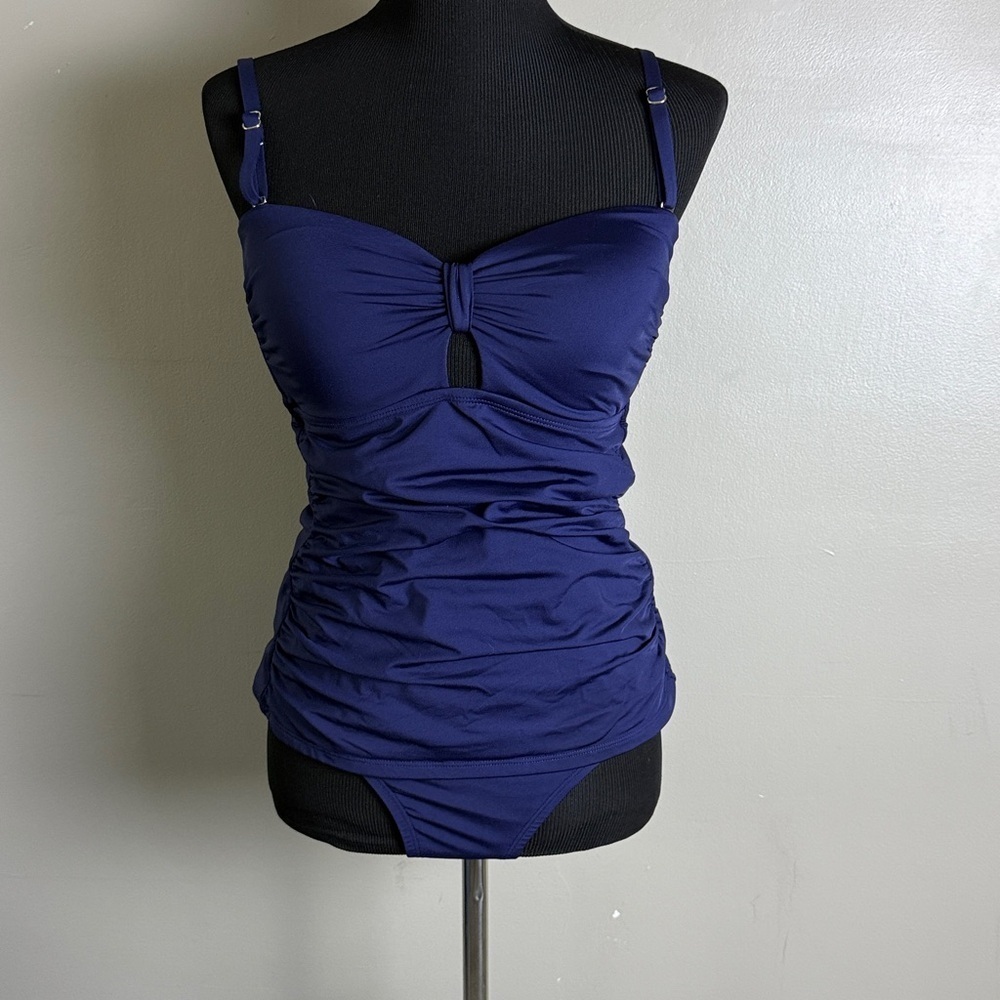 Jantzen Tankini 2 Pc Swimwear Navy Blue Ruched Tummy Control Adjust Remove Strap
